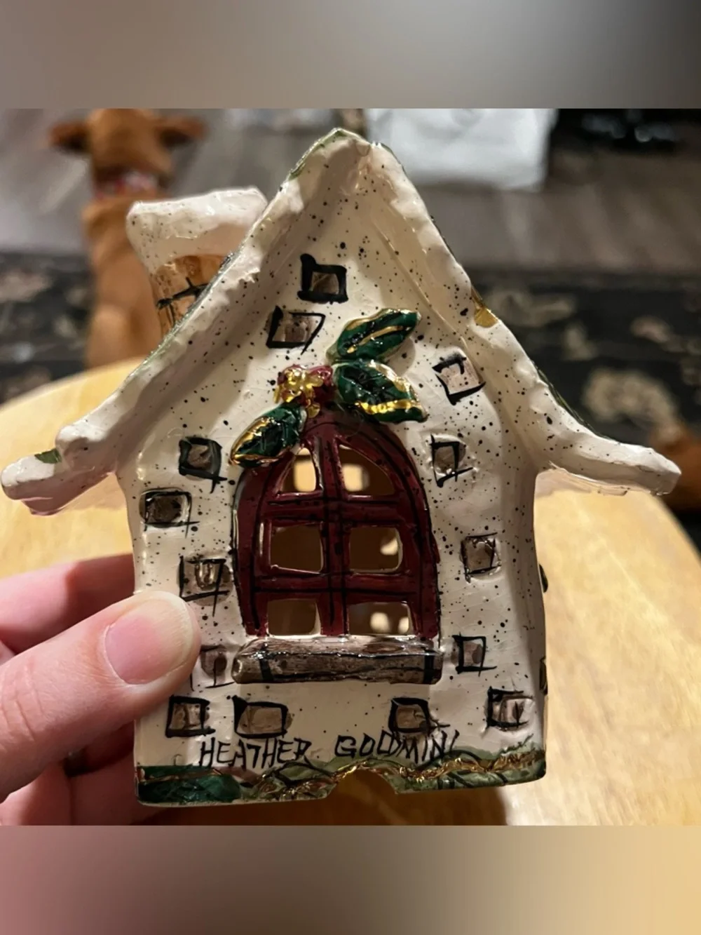 Blue Sky Heather Goldminc Christmas Cottage Tealight House Holly Berry Vintage